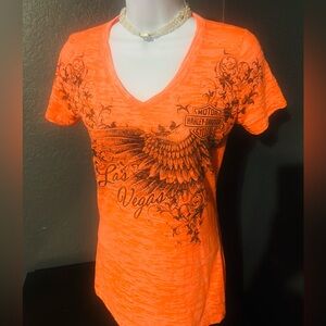 Harley-Davidson Women's Neon Orange Las Vegas Tee with rhinestone embellishment